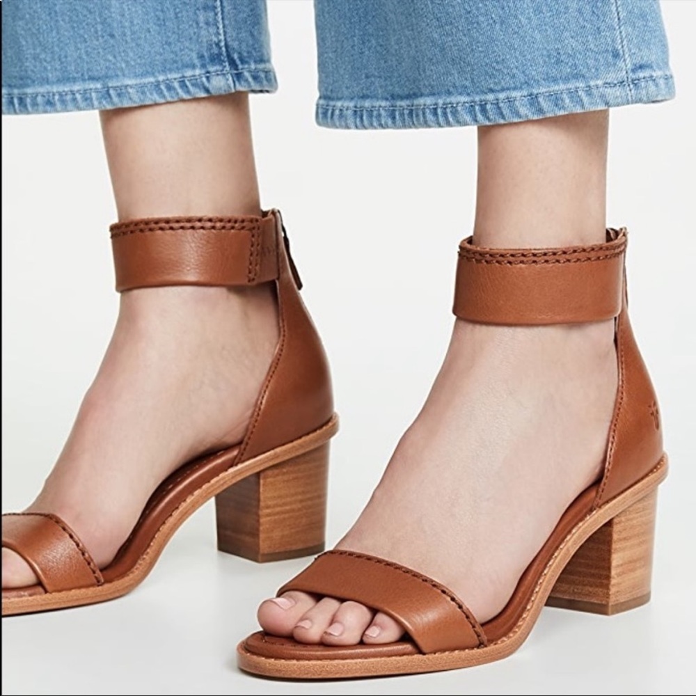 Frye Brielle Cognac Back Zip Ankle Heel Sandals